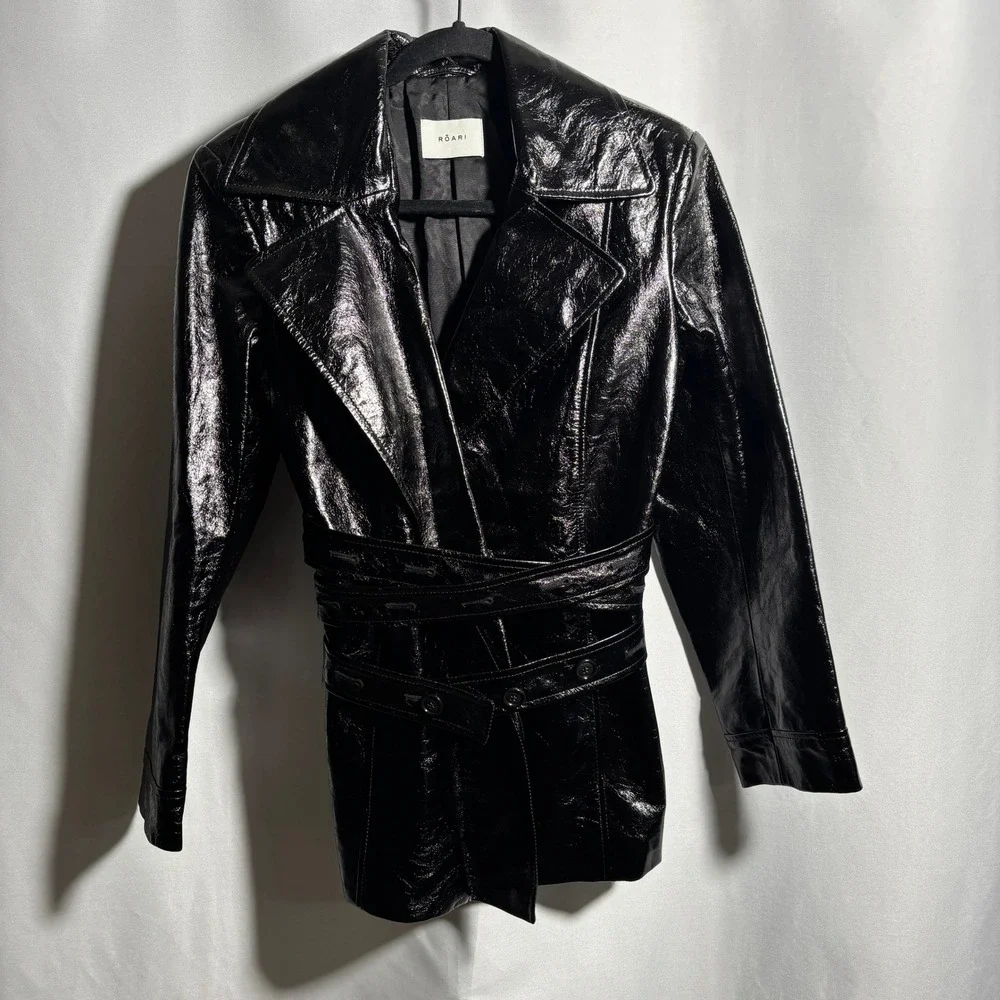 $980 ROARI‎ Kennedy Trench Black Glazed Cow Leather Womens S Belted NYC USA Made
